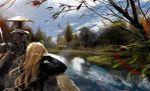  blonde_hair elbow_rest hat landscape leaf long_hair mujiha_(mlog) original park reflection river sky straw_hat 