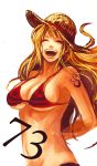  1girl breasts cleavage closed_eyes dated happy large_breasts long_hair midriff nami one_piece orange_hair smile solo tattoo tsuyomaru 