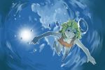  1girl air_bubble barefoot blonde_hair breath bubble bubble_blowing diving freediving highres holding_breath light_rays ocean one-piece_swimsuit open_mouth original short_hair sun swimming swimsuit underwater water yellow_eyes 