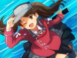  1girl :d @@@ boots brown_eyes brown_hair fang hat kantai_collection long_hair long_sleeves magatama ocean open_mouth personification ryuujou_(kantai_collection) skirt smile solo thigh-highs thigh_boots twintails visor_cap waves zettai_ryouiki 