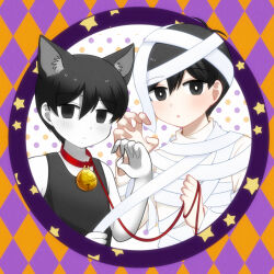  2boys animal_ears antenna_hair bell black_eyes black_hair black_tank_top blush bright_pupils closed_mouth collar colored_skin commentary_request double-parted_bangs dual_persona expressionless hair_between_eyes halloween_costume highres hisaho holding holding_leash kemonomimi_mode leash looking_at_viewer male_focus multiple_boys mummy_costume neck_bell omori omori_(omori) parted_lips red_collar short_hair sunny_(omori) tank_top white_pupils white_skin wolf_ears 