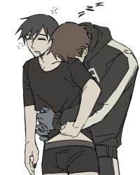  2boys afraid_of_monsters bag beard_stubble black_gloves black_hair black_hoodie black_shirt brotherhon56337 brown_hair chinese_commentary commentary_request creator_connection cry_of_fear david_leatherhoff drooling facial_hair fingerless_gloves gloves head_on_another's_shoulder highres hood hood_down hoodie hug hug_from_behind male_focus midriff multiple_boys scar scar_on_face shirt short_hair shoulder_bag simon_henriksson stubble turtleneck zzz 