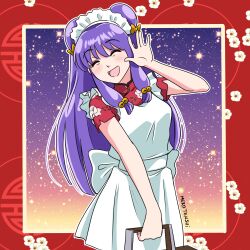  1girl ^_^ absurdres apron artist_name border closed_eyes commentary double_bun dress english_commentary facial_hair floral_print floral_print_dress frilled_headwear hair_bun highres holding long_hair merotenshi open_mouth outside_border print_dress purple_hair ranma_1/2 red_border red_dress shampoo_(ranma_1/2) sidelocks smile solo white_apron 