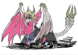  blonde_hair bone_tail claws commentary_request dragon dragon_horns dragon_wings heterochromia highres hinata_(sangeki0822) horns hugo_vlad jacket malzeno_(monster_hunter) monster monster_focus monster_hunter_(series) monster_hunter_rise no_humans purple_shirt red_eyes shirt simple_background solo spiked_tail spiked_wings tail white_background wings zenless_zone_zero 