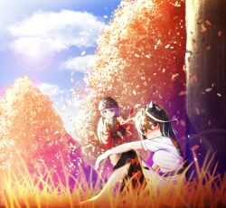  2girls arm_on_knee autumn_leaves black_hair blue_sky blush bowl bowl_hat breasts clouds commentary_request cone_horns day dress floating furisode grass grey_horns hat head_tilt highres horns japanese_clothes kijin_seija kimono knees_up leaf lens_flare long_sleeves looking_at_viewer medium_breasts multicolored_hair multiple_girls obi outdoors outstretched_arm parted_lips purple_hair red_eyes red_kimono revision sash shmmr_shanda short_hair sitting sky small_horns smile streaked_hair sukuna_shinmyoumaru touhou tree white_dress wide_sleeves 