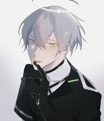  1boy arene_(arknights) arknights black_gloves black_jacket black_shirt commentary_request dripping gloves green_eyes grey_background grey_hair hair_between_eyes halo hand_up highres jacket licking licking_finger looking_at_viewer male_focus shikiri shirt short_hair short_sleeves simple_background solo tongue tongue_out upper_body white_background white_shirt 