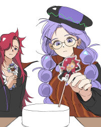  1boy 1girl alchemist_cookie asymmetrical_hair black-framed_eyewear black_hat black_shirt braid breasts brother_and_sister brown_dress censored closed_mouth commentary_request cookie_run curtained_hair dress expressionless fang forehead frilled_shirt frills glasses hair_behind_ear hair_over_one_eye hand_up hat holding humanization incest korean_commentary light_frown long_hair long_sleeves looking_at_another looking_down low_twin_braids mosaic_censoring nail_polish official_art_inset one_eye_covered parted_bangs plate pointy_ears ponong puffy_long_sleeves puffy_sleeves purple_hair purple_hat purple_nails red_hair round_eyewear semi-rimless_eyewear shirt siblings sidecut simple_background sleeveless sleeveless_dress small_breasts striped_clothes striped_dress striped_hat striped_headwear tareme twin_braids two-tone_hat two-tone_headwear undercut vampire_cookie vertical-striped_clothes vertical-striped_dress very_long_hair violet_eyes white_background wide_sleeves 