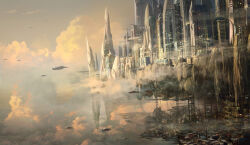  city_lights cityscape clouds cloudy_sky commentary english_commentary floating_island highres original painterly raphael-lacoste scenery science_fiction signature sky spacecraft sunlight tower wind_turbine 