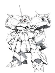  commentary gundam gundam_0080 highres kampfer_(mobile_suit) mecha mecha_focus mobile_suit no_humans one-eyed red_eyes redesign robot science_fiction shoulder_spikes solo spikes white_background zeon zula! 