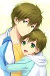  2boys brown_hair child free! green_eyes hug male multiple_boys multiple_persona open_mouth short_hair smile tachibana_makoto time_paradox young 