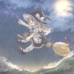  1girl :d apron black_cat black_hat black_shoes black_skirt black_vest blonde_hair bow braid broom broom_riding cat chigu clouds commentary_request fang hat highres kirisame_marisa long_hair mary_janes moonlight mouse_(animal) night open_mouth outdoors outstretched_arm pointing pointing_forward puffy_short_sleeves puffy_sleeves red_bow shirt shoes short_sleeves side_braid single_braid skin_fang skirt sky smile socks solo sparkle star_(sky) starry_sky touhou vest waist_apron white_apron white_shirt white_socks witch_hat 