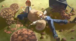  2girls absurdres aki_minoriko aki_shizuha autumn_leaves blonde_hair blue_pants brown_gloves chinese_commentary commentary_request food gloves highres kinoko_(kino2435006) leaf lying multiple_girls on_grass outdoors pants potato shirt short_hair smile sweet_potato touhou white_shirt 