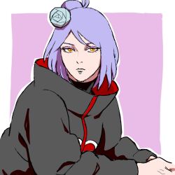  1girl akatsuki_uniform black_coat blue_hair border closed_mouth coat eyeliner highres konan_(naruto) long_sleeves looking_at_viewer makeup naruto_(series) naruto_shippuuden orange_eyes outside_border piercing purple_background purple_eyeliner short_hair solo upper_body uri_geikon white_border 