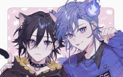  10_io 2boys :3 :p animal_ears black_hair black_hood black_hoodie cat_boy cat_ears collar collared_shirt commentary ear_piercing eyelashes fingernails hair_ornament hand_on_another's_shoulder highres hitodama holostars hood hoodie jewelry kanade_izuru kanade_izuru_(5th_costume) kemonomimi_mode lightning_bolt_hair_ornament lightning_bolt_symbol looking_at_viewer male_focus minase_rio minase_rio_(after-school) multiple_boys necklace o-ring paw_pose piercing pink_background portrait purple_hair purple_sweater shirt short_hair sleeves_past_wrists slit_pupils spiked_collar spikes sweater symbol-only_commentary tongue tongue_out virtual_youtuber 