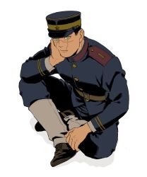  1boy alternate_hair_length alternate_hairstyle black_hair commentary_request cross_scar dakuonpu full_body golden_kamuy green_eyes hat head_rest highres imperial_japanese_army indian_style jacket looking_at_viewer male_focus military_hat military_jacket military_uniform scar scar_on_cheek scar_on_face scar_on_mouth scar_on_nose sitting solo sugimoto_saichi 