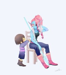  1girl 1other age_difference androgynous arms_up black_tank_top blue_skin blush breasts brown_hair chair closed_eyes colored_skin cup energy_spear eyepatch eyeshadow fins fish_girl frisk_(undertale) full_body head_fins highres holding holding_cup holding_towel looking_at_another makeup monster_girl noah_(tettsui-sole) on_chair ponytail red_eyeshadow red_hair short_hair shorts sitting smile striped_clothes striped_sweater sweat sweater tank_top towel towel_around_neck undertale undyne utdr_(toby_fox) water wiping_sweat yellow_skin 