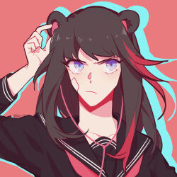  1girl animal_ears arknights bandaid bandaid_on_face bear_ears bear_girl black_hair black_serafuku blue_eyes commentary_request drop_shadow earphones earphones frown genderswap genderswap_(ftm) hand_on_own_ear highres long_hair multicolored_hair neckerchief red_hair red_neckerchief sailor_collar school_uniform serafuku shikiri simple_background solo streaked_hair twitter_username two-tone_hair upper_body zima_(arknights) 