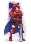 1girl adapted_costume armor bow cape hair_bow hashiro knight looking_at_viewer red_eyes redhead sekibanki short_hair skirt solo sword touhou weapon 