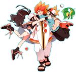  1girl 2boys adeku_(pokemon) bare_legs baseball_cap boots brown_hair denim denim_shorts glomp grin gum_(gmng) hat high_ponytail hug jacket long_hair multicolored_hair multiple_boys orange_hair poke_ball pokemon pokemon_(creature) pokemon_(game) pokemon_bw poncho redhead sandals short_hair shorts smile snivy touko_(pokemon) touya_(pokemon) vest white_background 