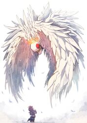  1boy 666 absurdres angel_wings black_jacket black_pants collar creature dust_cloud e.g.o_(project_moon) employee_(project_moon) feathers gold_halo halo hands_up highres jacket light_particles lobotomy_corporation looking_at_creature looking_up metal_collar multiple_wings nugget_(project_moon) oversized_wings own_hands_clasped own_hands_together pants project_moon red_eyes red_hair sabaage seraph simple_background spiked_halo standing twilight_(e.g.o) white_background white_feathers white_wings whitenight_(project_moon) wide_shot wings 