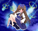  1girl arm_up armband aura barefoot blush bow brown_hair clouds comet dress fairy_wings floating hair_bow hand_on_hip lefty_2628 long_hair long_sleeves looking_at_viewer open_hand red_eyes sky smile solo star star_(sky) star_sapphire starry_sky touhou very_long_hair wings 