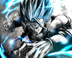  1boy black_vest blue_eyes blue_hair blue_theme commentary_request cropped_vest dragon_ball dragon_ball_super dragon_ball_super_broly fighting_stance gogeta grey_background highres limited_palette male_focus medium_hair metamoran_vest muscular muscular_male no_shirt open_clothes open_vest parted_lips partially_colored smirk solo spiky_hair super_saiyan super_saiyan_blue upper_body vest yuuri_(fukuroudou) 