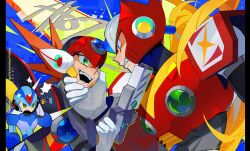  3boys android angry armor axl_(mega_man) black_armor blonde_hair blue_armor blue_eyes blue_helmet brown_hair chest_jewel commentary cross_scar english_commentary forehead_jewel grabbing_another's_chin green_eyes gun hand_on_another's_chin helmet highres holding holding_gun holding_weapon long_hair male_focus mega_man_(series) mega_man_x_(series) multiple_boys open_mouth ponytail red_armor red_helmet robot scar scar_on_face spiky_hair upper_body watermark wawadochi weapon x_(mega_man) zero_(mega_man) 