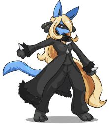  animal_ears black_fur blonde_hair blue_fur body_fur closed_mouth clothed_pokemon coat cosplay cynthia_(pokemon) cynthia_(pokemon)_(cosplay) dapuffster fur_collar fur_trim furry furry_male hair_ornament hair_over_one_eye highres long_hair long_sleeves looking_at_viewer lucario multicolored_fur pokemon pokemon_(creature) red_eyes simple_background spikes tail very_long_hair 