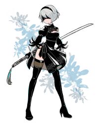  1girl 2b_(nier:automata) black_boots black_dress black_gloves black_hairband black_thighhighs blindfold boots breasts cleavage_cutout closed_mouth clothing_cutout covered_eyes dress feather-trimmed_sleeves floral_background full_body gloves grey_hair hairband high_heel_boots high_heels highres holding holding_behind_back holding_sword holding_weapon holding_weapon_behind_back juliet_sleeves katana legs_apart long_sleeves medium_breasts mole mole_under_mouth nier:automata nier_(series) nmiznm puffy_sleeves short_hair side_slit solo standing sword tassel thigh-highs thigh_boots thighhighs_under_boots virtuous_contract weapon 