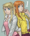  2girls belt blonde_hair blue_eyes earrings fullmetal_alchemist jacket jewelry julia_crichton long_hair mukuo multiple_girls orange_hair ponytail simple_background smile winry_rockbell 