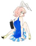  1boy animal_ears crossdressinging gatchaman_crowds glasses green_eyes looking_back male ninomiya_rui pink_hair rabbit_ears sitting skirt solo trap 