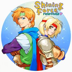  1boy 1girl armor back-to-back belt blonde_hair blue_cape blue_eyes breastplate cape circle crossed_arms earrings english_text eyes_visible_through_hair facing_to_the_side gloves green_headband green_tunic hair_between_eyes headband heart jewelry light_smile long_sleeves looking_at_viewer mae_(shining_force) max_(shining_force) okeko red_headband shining_(series) shining_force_i short_hair shoulder_armor signature simple_background single_earring sparkle title tunic upper_body yellow_eyes 
