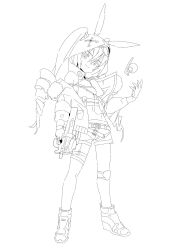  1girl animal_ears animal_hood bronya_zaychik bronya_zaychik_(haxxor_bunny) bullpup closed_mouth commentary_request denim denim_shorts drill_hair explosive fake_animal_ears full_body gloves grenade gun highres holding holding_gun holding_weapon honkai_(series) honkai_impact_3rd hood jacket knee_pads long_hair looking_at_viewer matsushita_yuubin midriff navel p90 rabbit_hood shorts simple_background single_knee_pad smile solo standing submachine_gun twin_drills unfinished weapon white_background 
