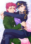  1boy 1girl black_hair blush earrings gakuran genderswap green_eyes hat hetero highres jewelry jojo_no_kimyou_na_bouken kakyouin_noriaki kotatsu0803 kuujou_joutarou pants red_eyes school_uniform 