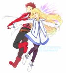  1boy 1girl blonde_hair brown_hair closed_eyes collet_brunel dancing gloves grin happy holding_hands karuha lloyd_irving long_hair open_mouth short_hair smile tales_of_(series) tales_of_symphonia 