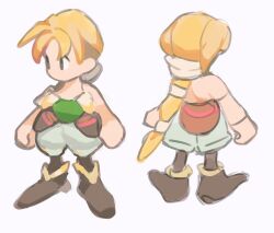  1girl bare_arms bare_back bare_shoulders black_pantyhose blonde_hair brown_eyes derivative_work gan2 green_shirt highres long_hair multi-tied_hair multiple_views no_mouth no_nose pantyhose pantyhose_under_shorts saga saga_frontier_2 shirt shorts simple_background sprite_redraw standing strapless strapless_shirt turnaround virginia_knights white_background white_shorts 