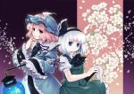  2girls blue_dress blue_eyes bow cherry_blossoms dress hair_ribbon hat konpaku_youmu lantern long_sleeves looking_at_viewer multiple_girls petals pink_eyes pink_hair puffy_sleeves ribbon saigyouji_yuyuko shirt short_sleeves silver_hair skirt skirt_set socha touhou triangular_headpiece vest wide_sleeves 