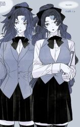  2girls absurdres averting_eyes book bow breasts buttons cowboy_shot earrings genderswap genderswap_(mtf) hair_bow hanafuda_earrings hashtag-only_commentary high_ponytail highres holding holding_book jacket jewelry kimetsu_gakuen kimetsu_no_yaiba lapels large_breasts limited_palette long_hair looking_at_another lunaticotat multiple_girls ponytail scar scar_on_face siblings sisters skirt sleeve_cuffs straight-on thigh-highs tsugikuni_michikatsu tsugikuni_yoriichi vest wavy_hair 