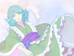  1girl :o blue_hair drill_hair gojira_(coo) mermaid monster_girl obi open_mouth short_hair solo surprised touhou wakasagihime 