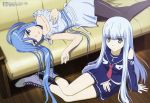  2girls absurdres aoki_hagane_no_arpeggio blue_eyes blue_hair boots detached_sleeves green_eyes highres iona legs long_hair lying megami multiple_girls official_art on_back on_side pantyhose school_uniform takao_(aoki_hagane_no_arpeggio) very_long_hair 