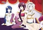  3girls absurdres aladdin_(magi) anklet arabian_clothes armlet asami-ch barefoot blue_hair blush bracelet braid dress earrings genderswap genderswap_(mtf) hair_ornament highres ja&#039;far_(magi) jewelry judal long_hair magi_the_labyrinth_of_magic multiple_girls purple_hair see-through seiza sitting veil white_hair 