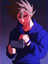  1boy animification blue_hoodie brown_hair camcorder camera commentary drawstring eddsworld goma_(gomaaa_86) hair_between_eyes holding holding_camera hollow_eyes hood hood_down hoodie long_sleeves male_focus open_mouth scene_reference short_hair simple_background solo spiky_hair sweat symbol-only_commentary tom_(eddsworld) upper_body video_camera 