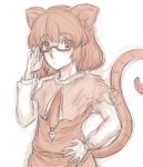  1girl adjusting_glasses animal_ears bespectacled capelet dress glasses gloves highres kuro_suto_sukii long_sleeves looking_at_viewer mouse_ears mouse_tail nazrin shirt simple_background solo tail touhou white_gloves 