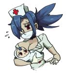  +_+ baby blue_hair breasts choker cleavage eyepatch flying_sweatdrops gats_(nougats) gloves hair_over_one_eye hat large_breasts mother_and_child nurse nurse_cap ponytail red_eyes skullgirls surgical_mask valentine_(skullgirls) white_gloves 