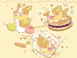  blush closed_eyes commentary_request dango dog dorayaki flower food heart highres jar mouth_hold musical_note no_humans one_eye_closed poke_ball poke_ball_(basic) pokemon pokemon_(creature) pokemon_focus popcorn sweat temariame14 tongue tongue_out wagashi yamper yellow_background 