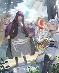  3boys 3girls belt black_belt black_boots black_choker black_pantyhose black_robe blue_butterfly blue_pants blunt_bangs book boots breasts brown_boots brown_cloak brown_hair bug butterfly capelet choker cloak closed_mouth coat commentary_request dress earrings ehre_(sousou_no_frieren) elf facial_hair fern_(sousou_no_frieren) forest frieren full_body fur-trimmed_coat fur_trim gold_trim green_eyes grey_hair grey_shirt hero_of_the_south_(sousou_no_frieren) highres holding holding_book jacket jewelry leaf long_coat long_hair mage_staff medium_hair multiple_boys multiple_girls mustache nature on_tree_stump open_book outdoors pants pantyhose parted_bangs petite pink_cloak pointy_ears purple_hair purple_pupils robe scharf_(sousou_no_frieren) shirt short_hair skirt skirt_hold small_breasts smile sousou_no_frieren staff straight_hair striped_clothes striped_shirt teardrop_earrings tree tree_stump twintails ve_0ekaki violet_eyes water white_capelet white_coat white_dress white_hair white_jacket white_shirt white_skirt wirbel_(sousou_no_frieren) 