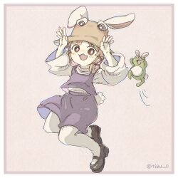  1girl animal_ear_hairband animal_ears blonde_hair border brown_hat brown_shoes chigu commentary_request fake_animal_ears frog full_body hair_ribbon hairband hat highres long_sleeves looking_at_viewer mary_janes moriya_suwako pantyhose purple_skirt purple_vest rabbit_ears rabbit_pose rabbit_tail ribbon shoes skirt skirt_set solo tail touhou tress_ribbon twitter_username vest white_pantyhose wide_sleeves 