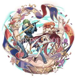  1boy 1girl alm_(fire_emblem) armor bikini_boody blue_armor breastplate breasts broken_pillar cape celica_(fire_emblem) circlet commentary dress earrings english_commentary fingerless_gloves fire_emblem fire_emblem_echoes:_shadows_of_valentia floating_hair flower gauntlets gloves green_eyes green_hair hairband headband highres holding holding_sword holding_weapon jewelry long_hair medium_breasts open_mouth pauldrons petals purple_flower red_cape red_eyes red_hair short_hair shoulder_armor sword thigh-highs tiara two-tone_cape watermark weapon white_armor white_cape white_dress white_flower 