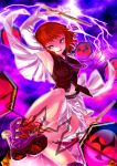  1girl arm_up armpits boots drum drumsticks highres horikawa_raiko instrument jacket leg_up lightning mitsudomoe_(shape) necktie open_mouth red_eyes redhead short_hair sisenshyo skirt smile solo tomoe_(symbol) touhou vest 