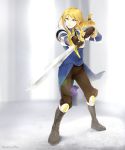  1girl absurdres agrias_oaks armor boots braid elbow_pads fighting_stance final_fantasy final_fantasy_tactics gloves highres holding_sword knee_pads leather_gloves leather_pants lens_flare lips long_hair pants poaro solo sword weapon yellow_eyes 